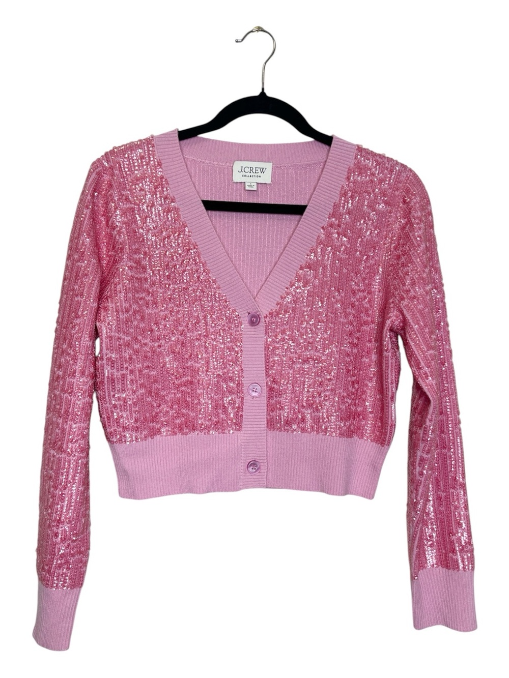 J. Crew Collection 100% Merino Wool Pink Sequin Crop Cardigan size Small